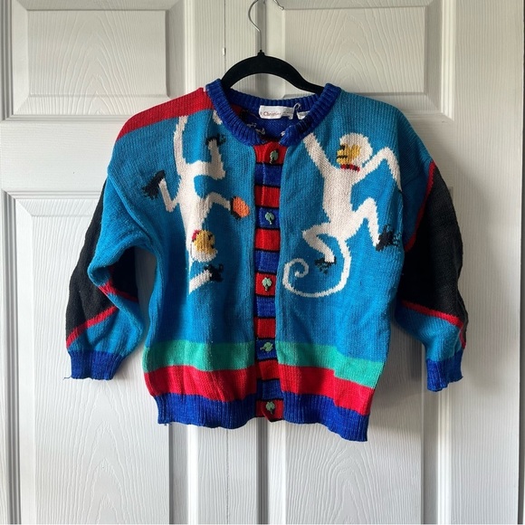 Christine Foley Other - Christine Foley Vintage Multicolor Monkey Button Up Sweater Cardigan kids 8